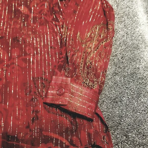 Drapers Damons Top PL Petite Silk Sheer Red Paisley Metallic Striped Whimsigoth - Picture 2 of 11